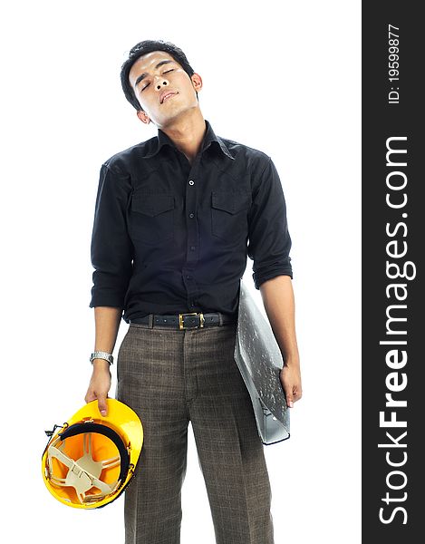 Tired worker standing and holding safety helmet and files isolated white background