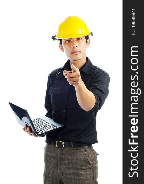 Workers wearing safety helmets holding notebook point fingers isolated white background with serious face. Workers wearing safety helmets holding notebook point fingers isolated white background with serious face