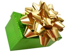 Golden Ribbon Tied Green Box Over White Background Stock Image