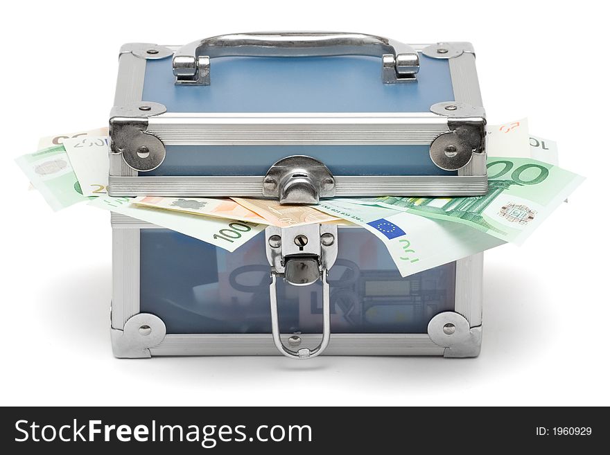 Blue money case filled with various Euro bills. Isolated on a white background. Blue money case filled with various Euro bills. Isolated on a white background.