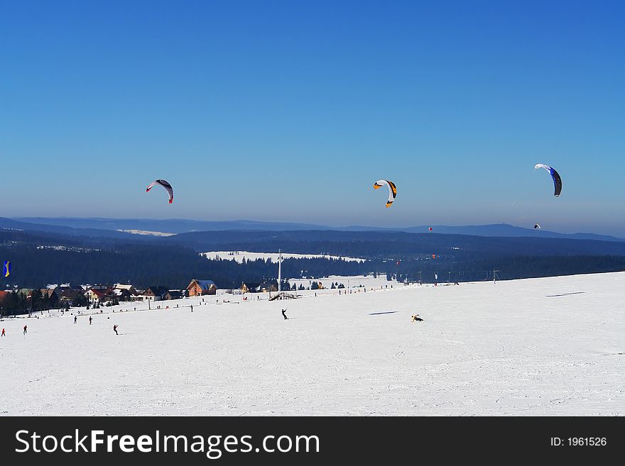 Snow kiting at mountains in Czech republic