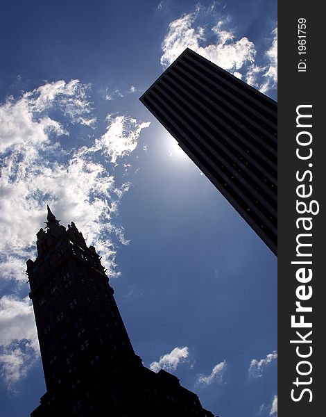 Partial view of silhouetes of buildings in New York City by day, United States, America