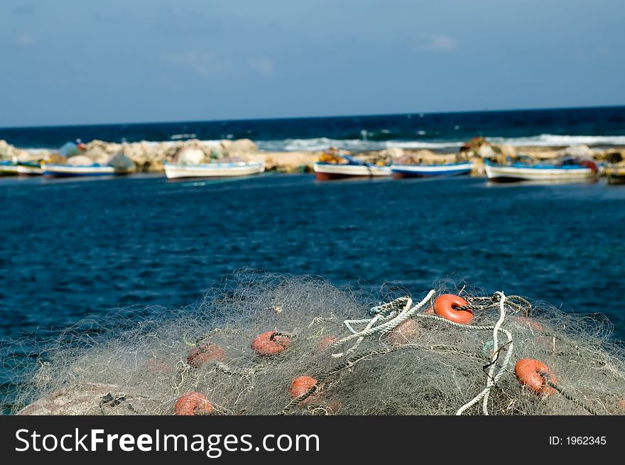 Fishermen Net Lying In Port At The Sea