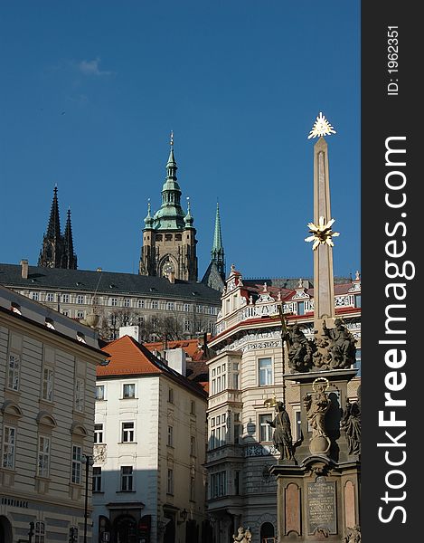 Cathedral of St. Vitas from square with post.Prague, Czech Republic