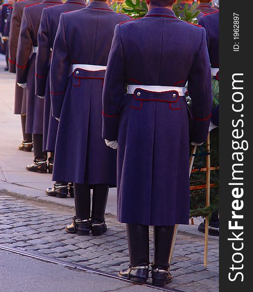 Soldiers in historic uniforms on parade