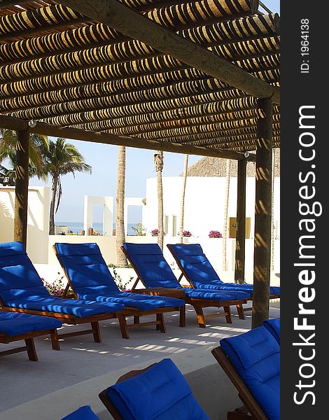 Partial view of the chairs next to the pools of a hotel in Puerto Vallarta, Jalisco, Mexico, Latin America