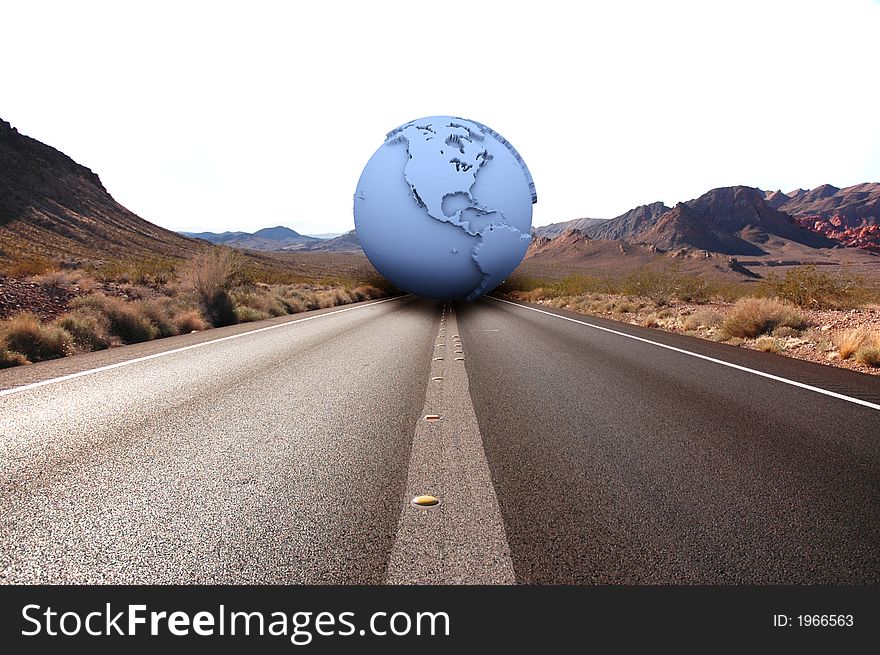 A long stretch of road with mountain in the background with earth in the middle. A long stretch of road with mountain in the background with earth in the middle