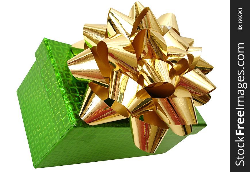 Golden ribbon tied green box over white background