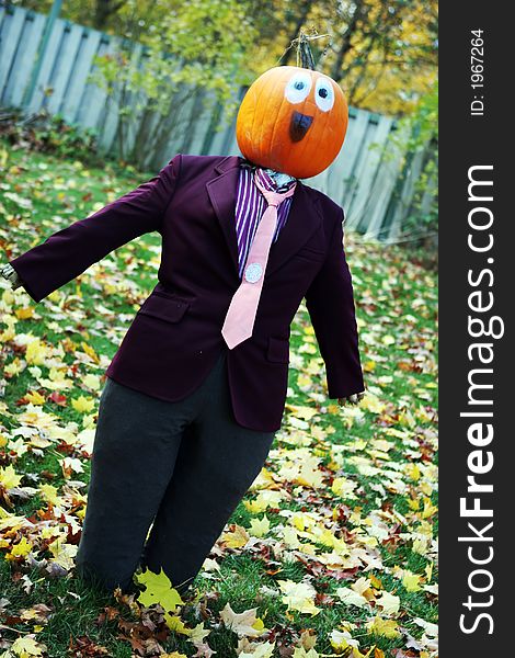 Pumpkin person in a suit. Celebrating the start of the harvest season and Halloween in Canada.