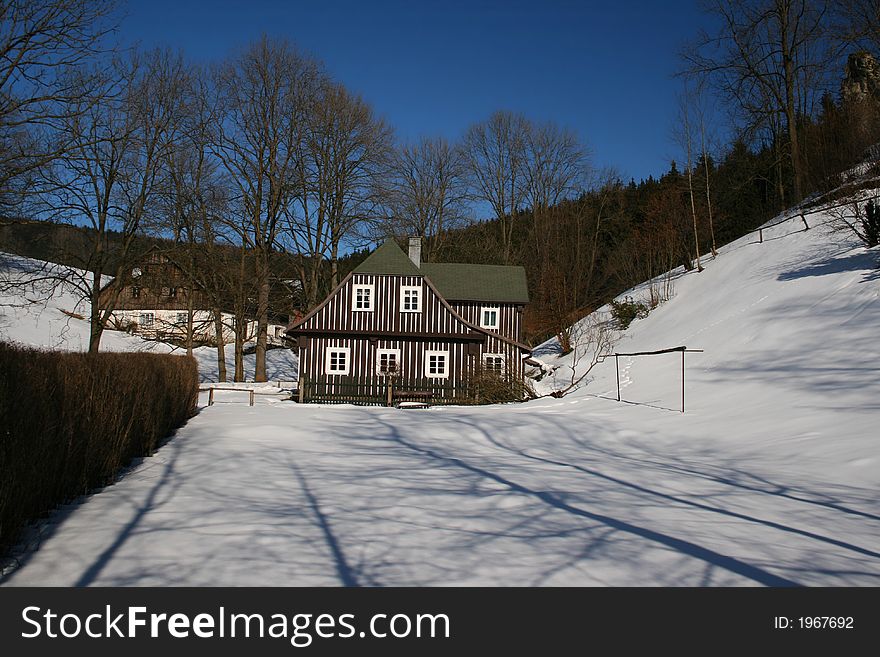 Mountain wooden cabin in winter. Mountain wooden cabin in winter