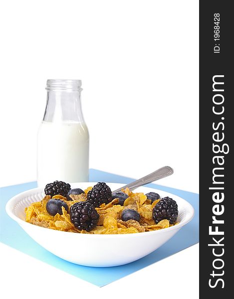 High key shot of a bowl of cereal with milk,  isolated on a white background. High key shot of a bowl of cereal with milk,  isolated on a white background.