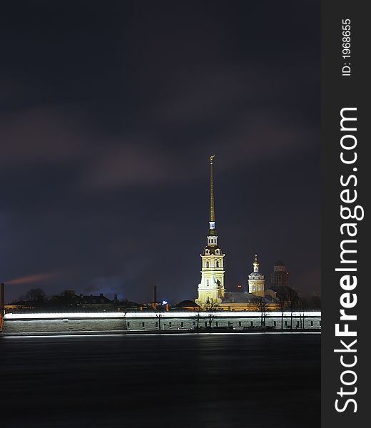 Night view of the spire of Peter and Paul Cathedral (Fort, St.Petersburg, Russia). Night view of the spire of Peter and Paul Cathedral (Fort, St.Petersburg, Russia)