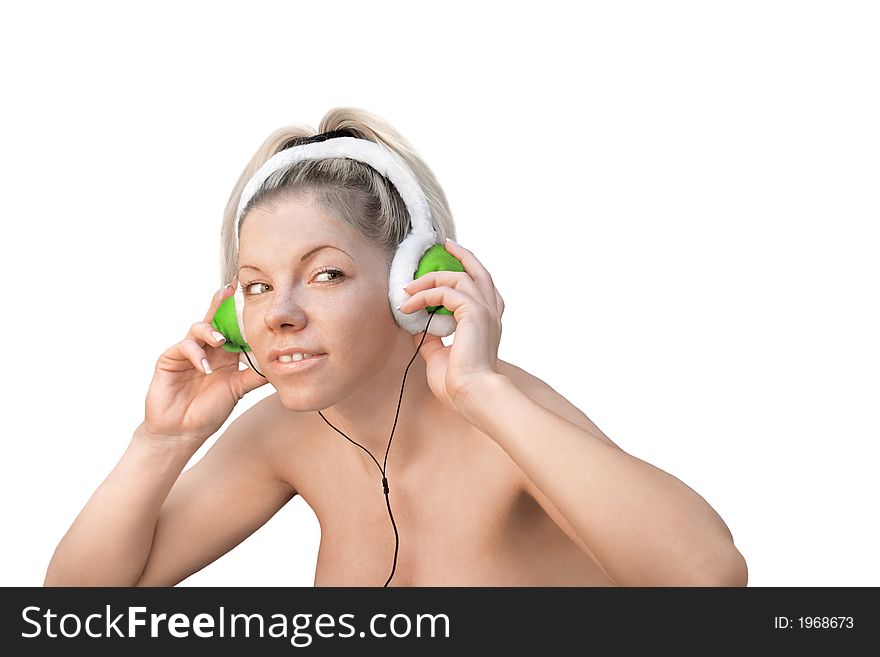 Girl listening the music on a white background. Girl listening the music on a white background
