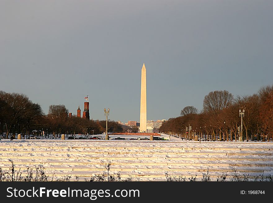 Washington Monument shot across the mall in the snow