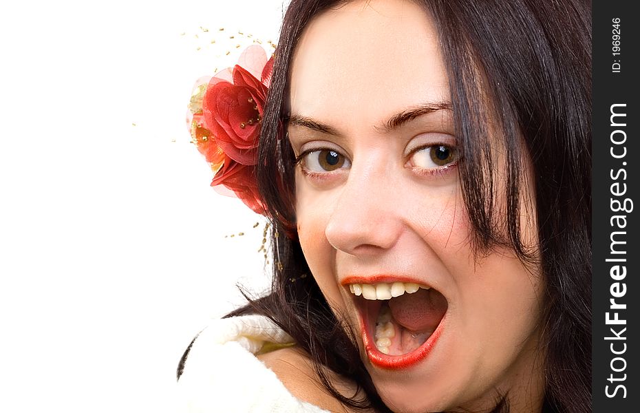 Excited Brunette Girl With Flower In Hair