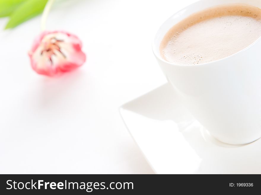 A cup of creamy black coffee on a square saucer with a tulip in the background. A cup of creamy black coffee on a square saucer with a tulip in the background