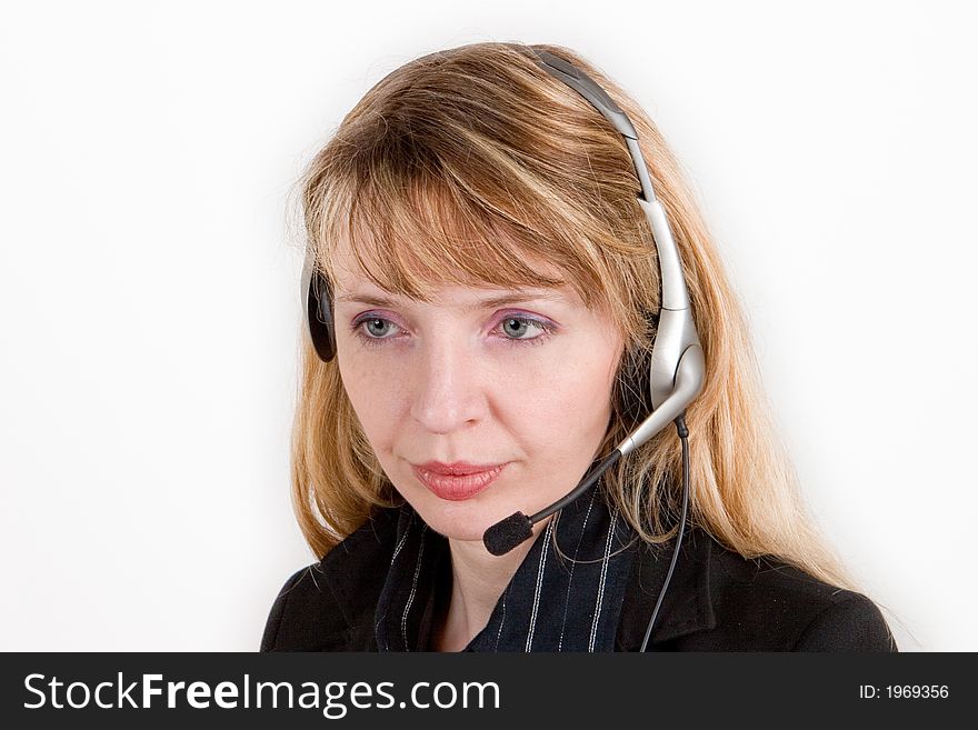 A smiling female receptionist isolated against a white background