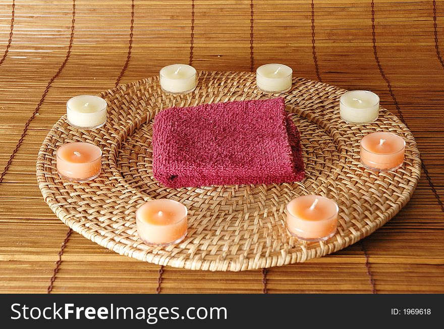 Candles in a circle with a towell in the middle. Candles in a circle with a towell in the middle