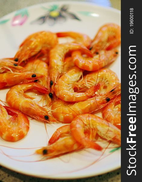 Cooked Shrimps in the white dish