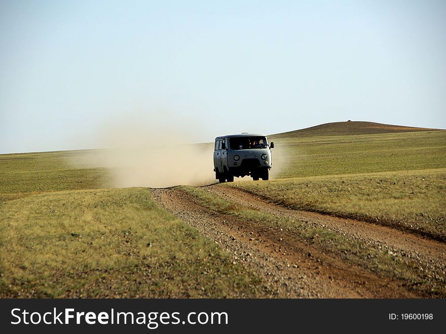 A trail in the steppes of Mongolia, in Asia. A trail in the steppes of Mongolia, in Asia