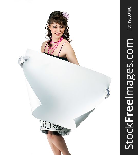 Brunette in a retro style with a sheet of white paper. Brunette in a retro style with a sheet of white paper