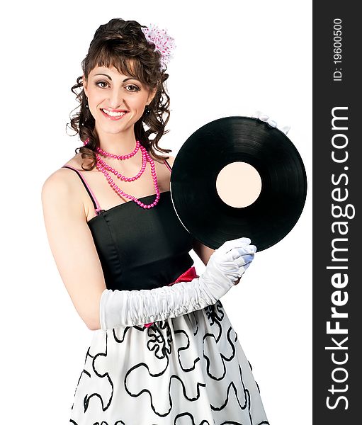 Beautiful girl with a plate in a retro style