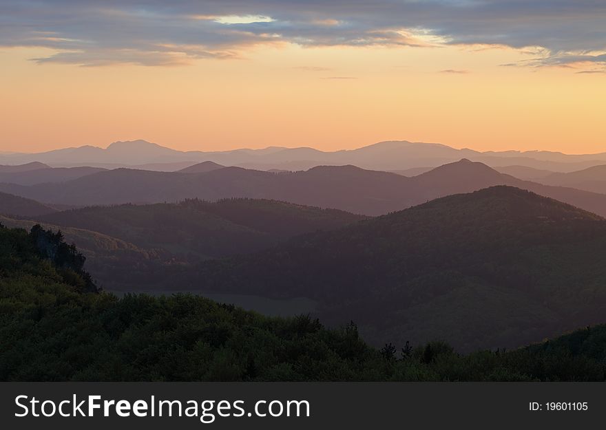 Mountains silhouette at beautiful sunset.