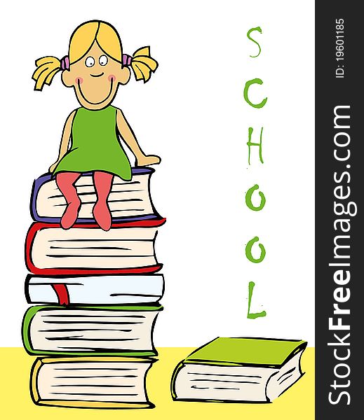 Funny girl sitting on the books. Vector illustration