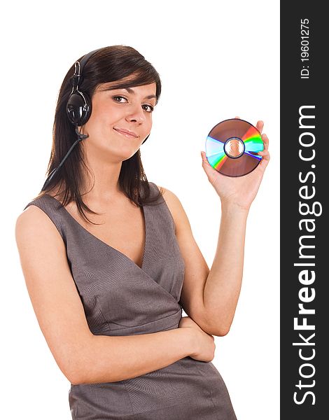 Young lady holding CD and listening to music
