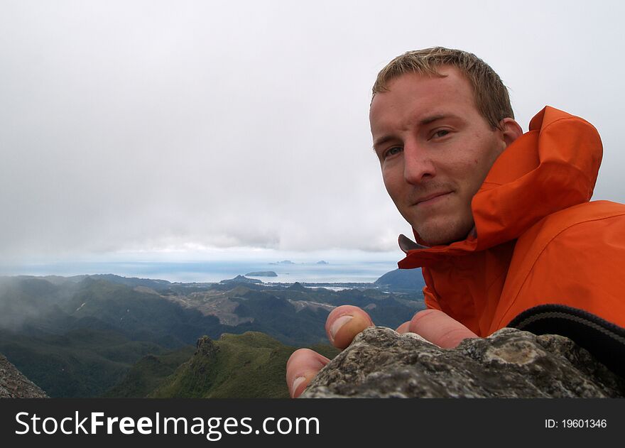 Man in orange jacket, The Pinnacles. New Zealand. Man in orange jacket, The Pinnacles. New Zealand