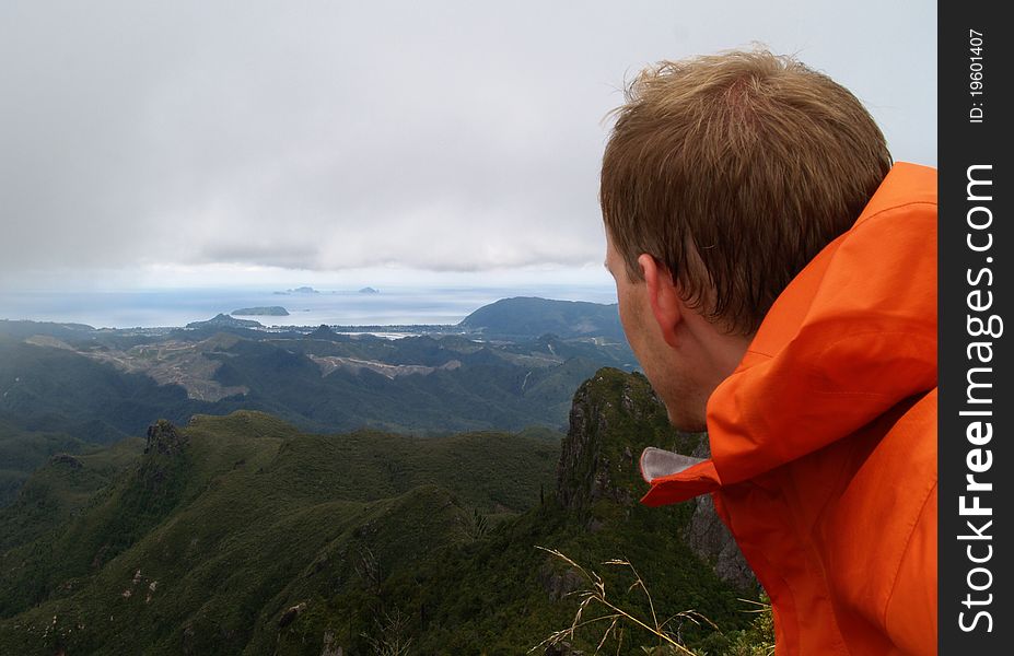 Man in orange jacket, The Pinnacles. New Zealand. Man in orange jacket, The Pinnacles. New Zealand