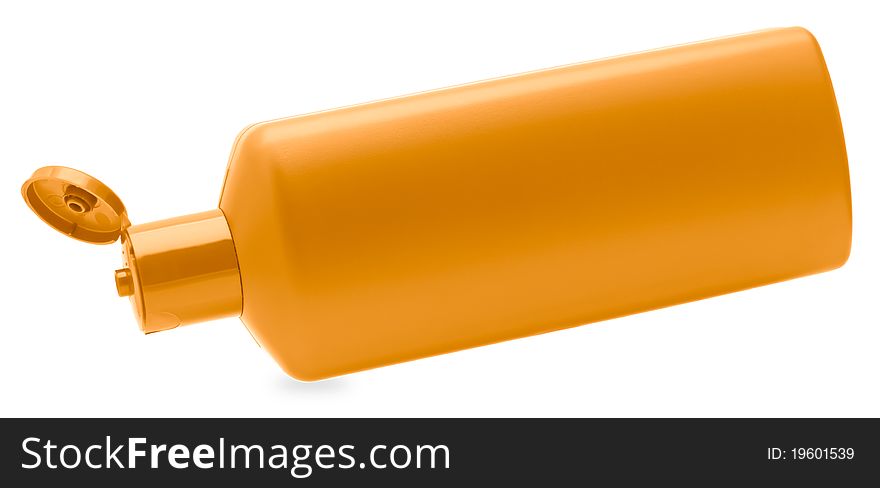 Orange shampoo bottle. Isolated on white background