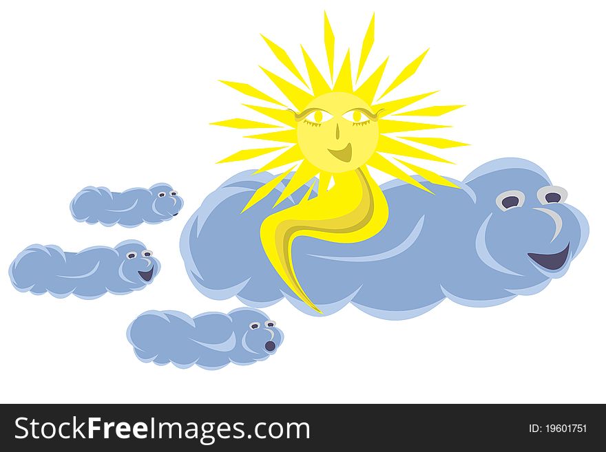 Smiling Sun on blue cloud. Smiling Sun on blue cloud