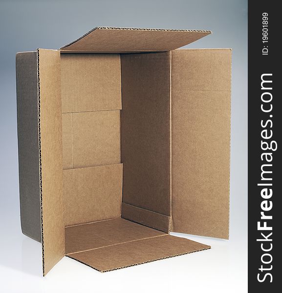 Brown, open cardboard box for design layout