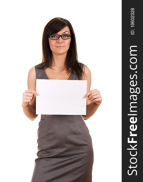 Business woman holding in hands blank advert board. Business woman holding in hands blank advert board