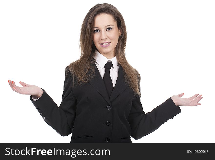 Business woman standing with her arms open. Business woman standing with her arms open