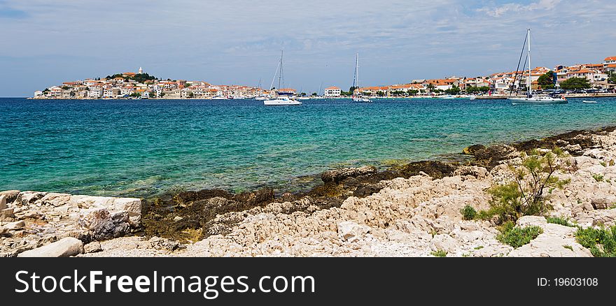 Panoramic view of the Dalmatian coast and sea with yacht from the city of Rovinj Croatia