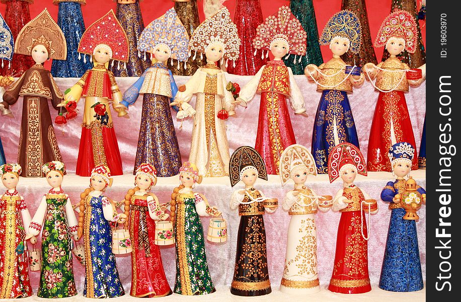 Dolls in traditional Russian women's dresses. Dolls in traditional Russian women's dresses