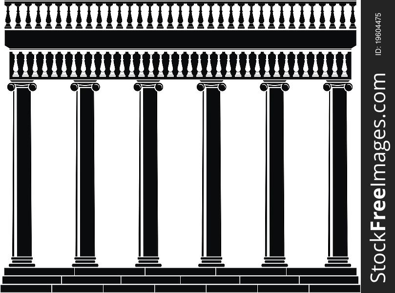 Vector Illustration of architectural element - Portico (Colonnade) with balustrade, ancient temple: black, isolated, white background