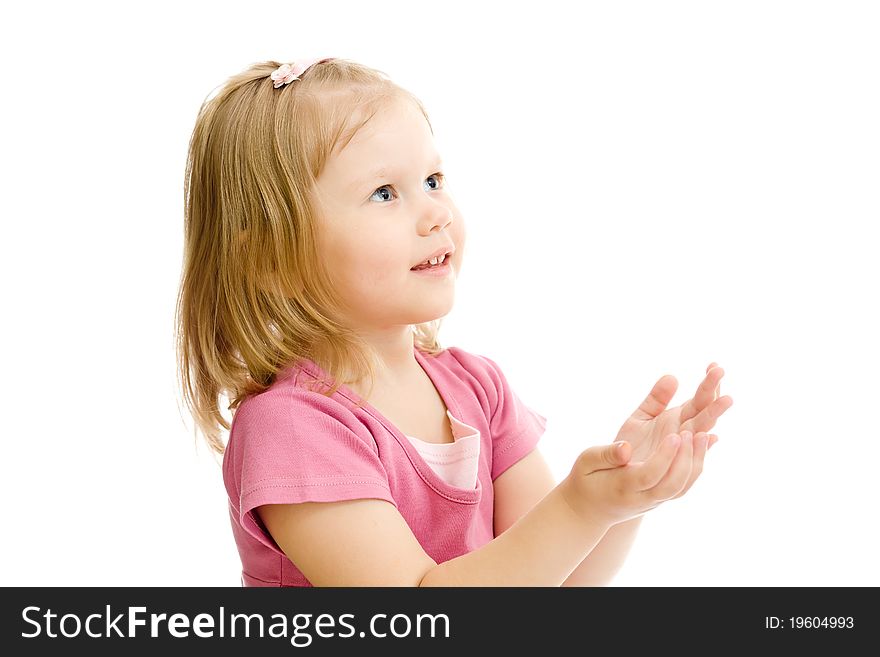 Little naughty girl portrait palms up isolated