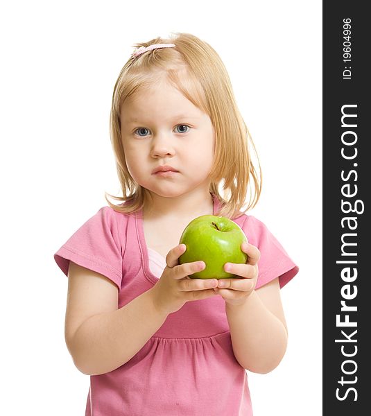 Little girl portrait eating green apple isolated