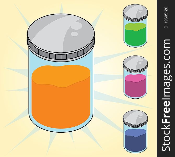 Jars of laboratorium sample in three different colors. Jars of laboratorium sample in three different colors