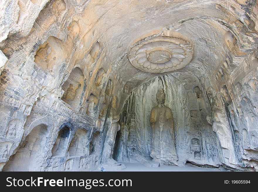 Detail of Lotus Grottoe in Longmen Grottoes. The Longmen Grottoes with Buddha's figures are located on both banks of the Yi River, near Luoyang City, Henan province, China. Protected by UNESCO.