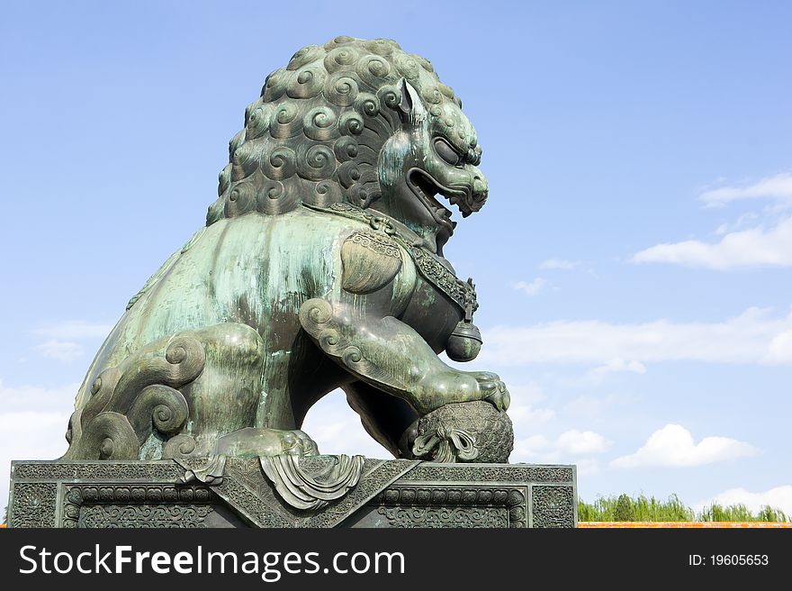 Detail in the Forbidden City (Beijing, China): bronze lion. In china, Traditional lion symbol of power and descendant.