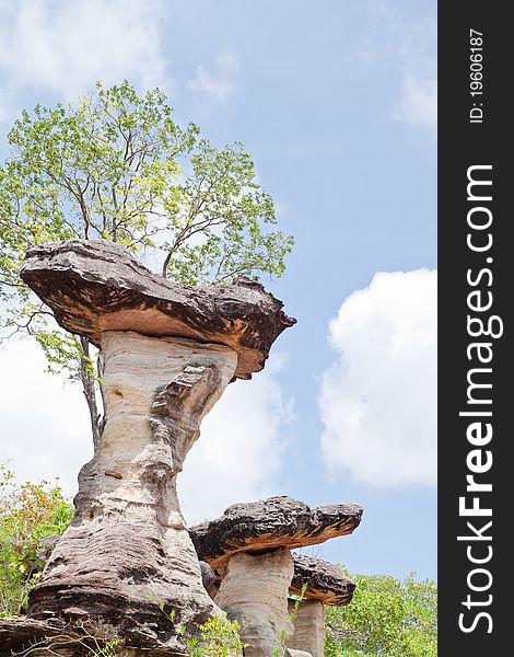 Mushroom stone and blue sky,The Natural Stone as Mushrooms in Pha Taem National Park,Ubonratchathanee Province,Thailand