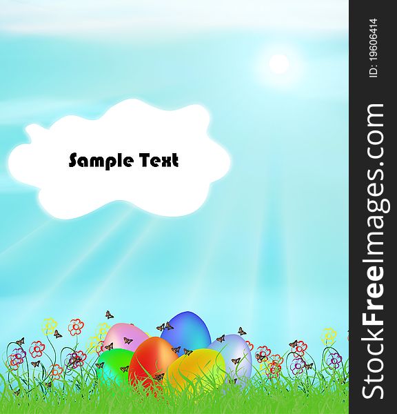 Easter eggs in a grassland with place for text