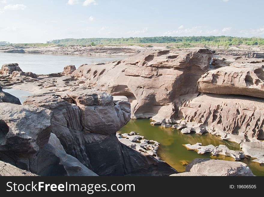 The Amazing of Rock,Natural of Rock Canyon as dog in Khong River after the water come down in Summer,Three Thousand Hole,North East of Thailand.