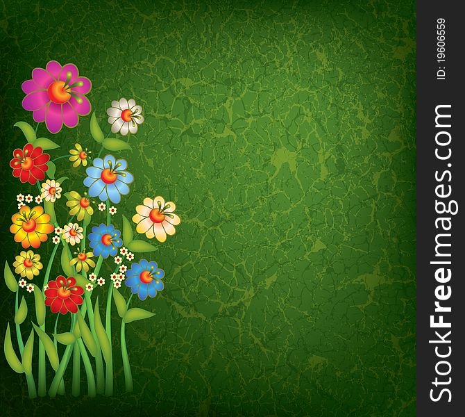 Abstract floral illustration with flowers on grunge green background. Abstract floral illustration with flowers on grunge green background