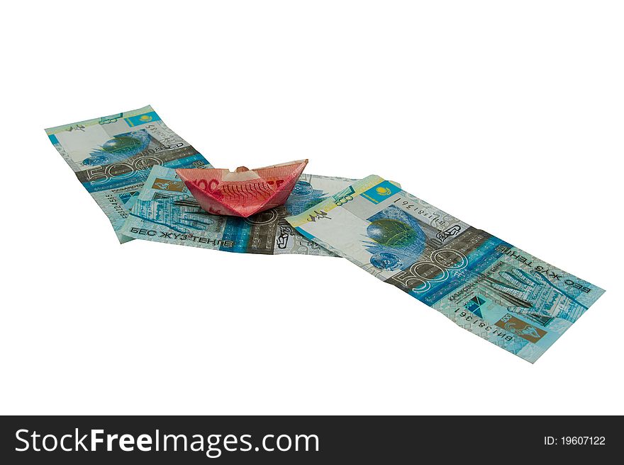 Ship of the Chinese money and the river from the Kazakh money on an isolated white background. Ship of the Chinese money and the river from the Kazakh money on an isolated white background