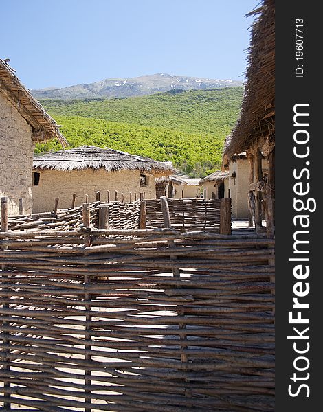 Traditional Macedonian log cabins on water, Ohrid lake, Macedonia